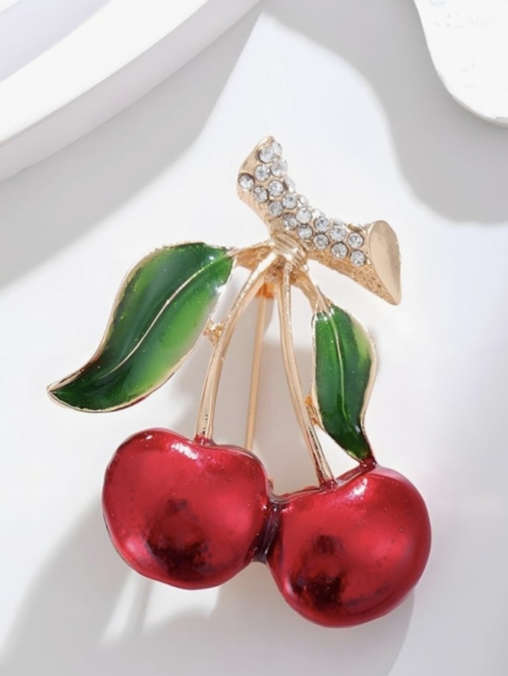 Red Cherry Brooch/Lapel Pin Enamel W/Rhinestones 1.5" - Picture 3 of 8